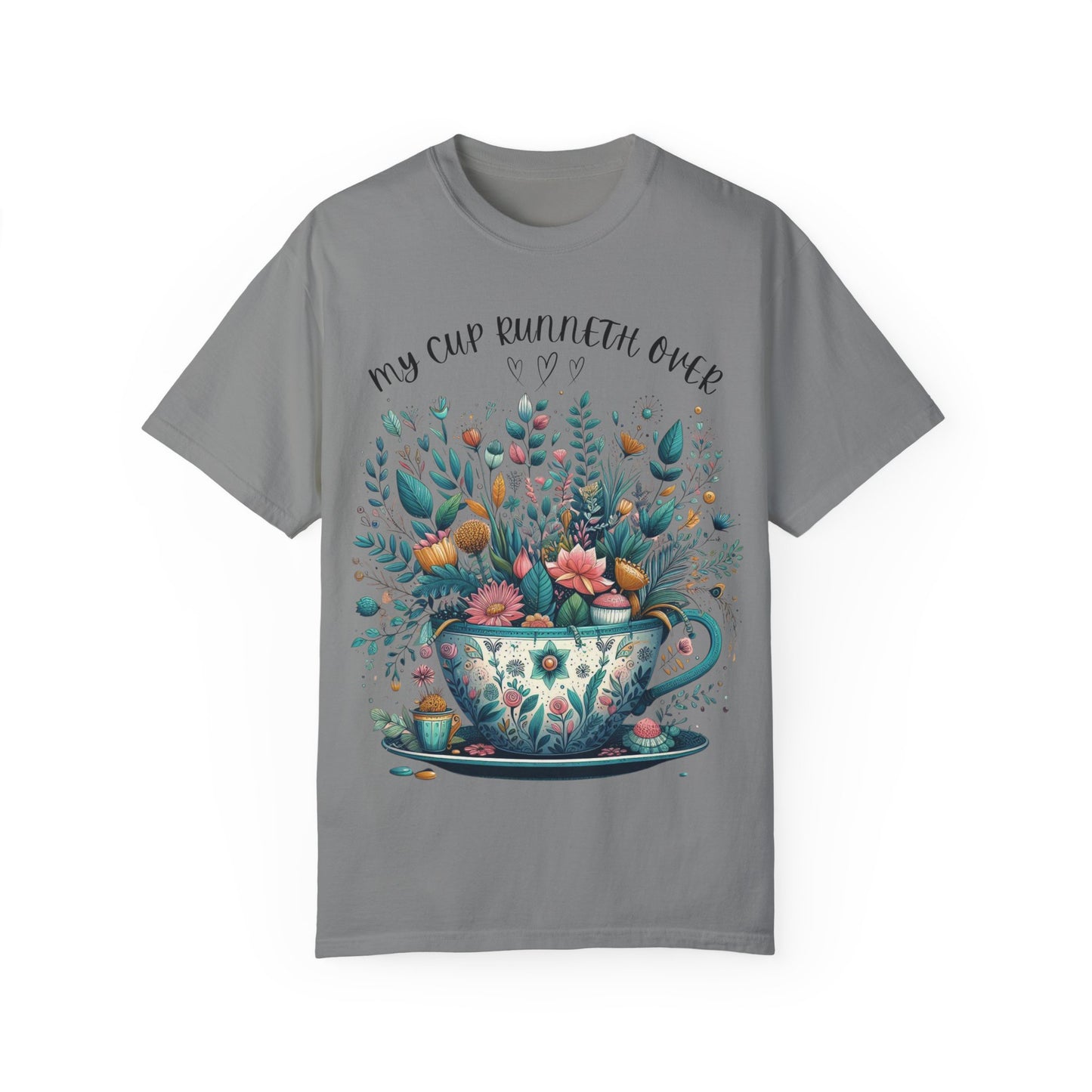 Floral Design T-Shirt - 'My Cup Runneth Over' - Vibrant Gift for Tea Lovers