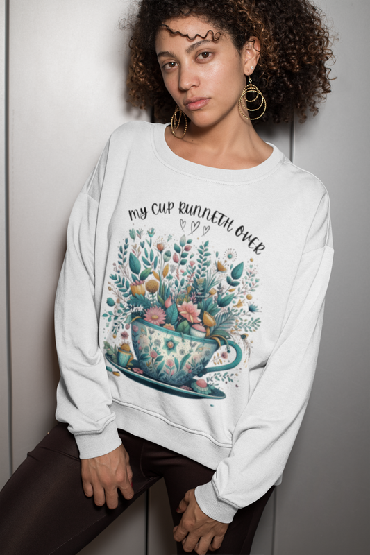 Floral Mug Design Crewneck Sweatshirt - "My Cup Runneth Over"
